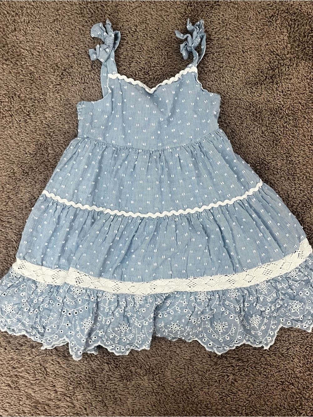 Blue Eyelet Tiered Sundress with Lace Trim - Kids